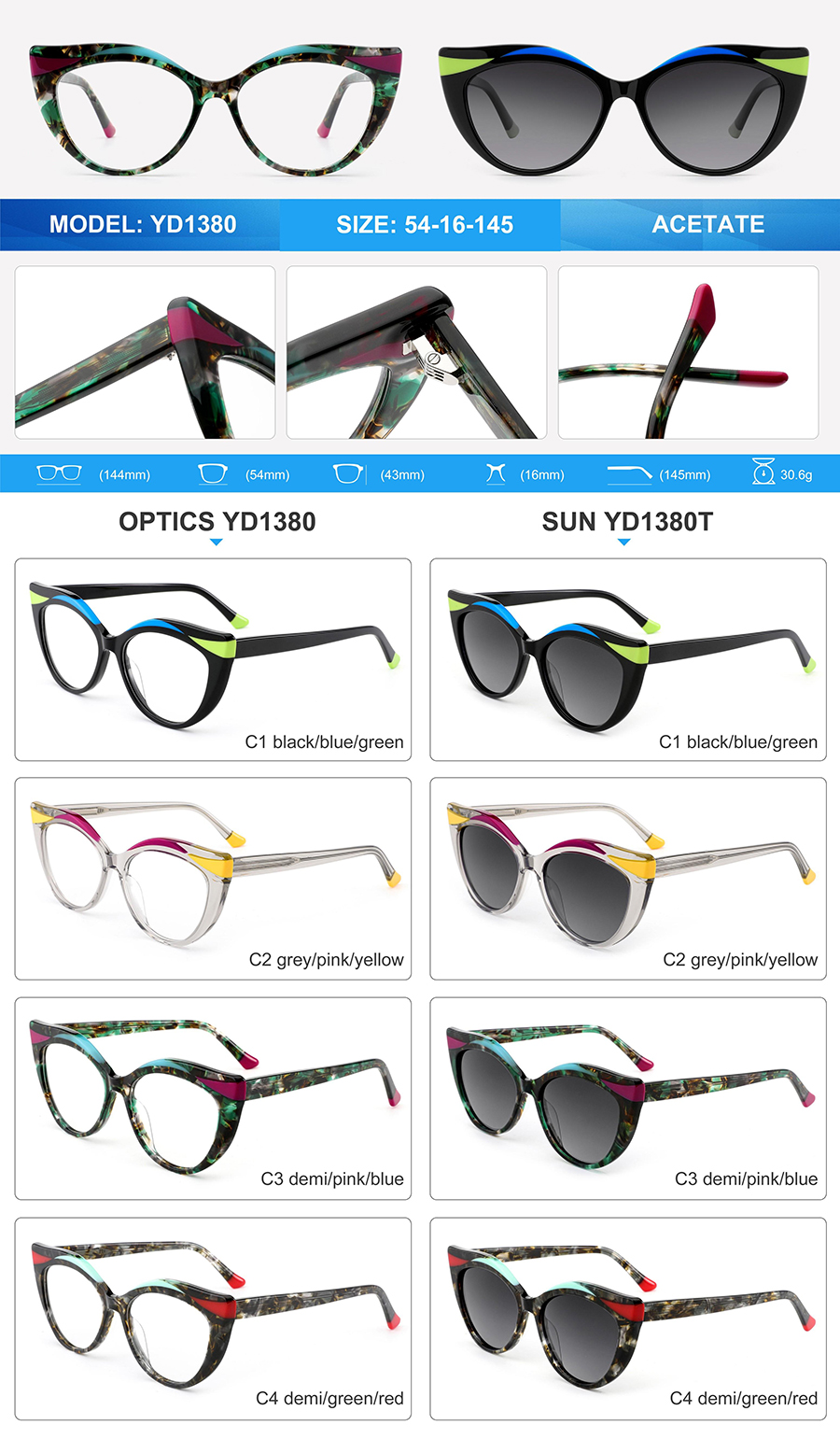 Wholesale Acetate Sunglasses-YD1380T Lunettes de soleil en acétate en gros-YD1380T