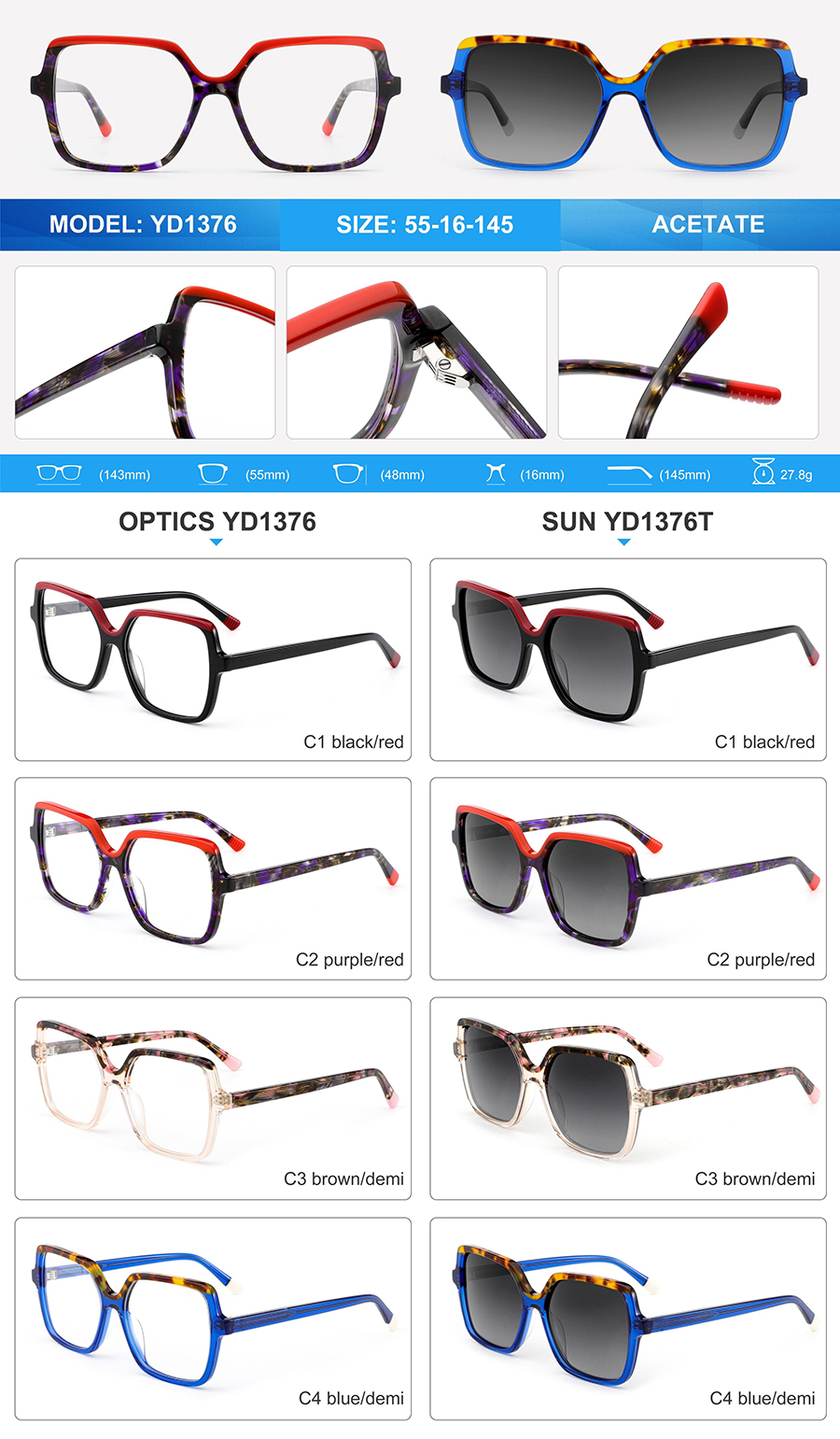 Lunettes de soleil en ac&eacute;tate en gros-YD1376T