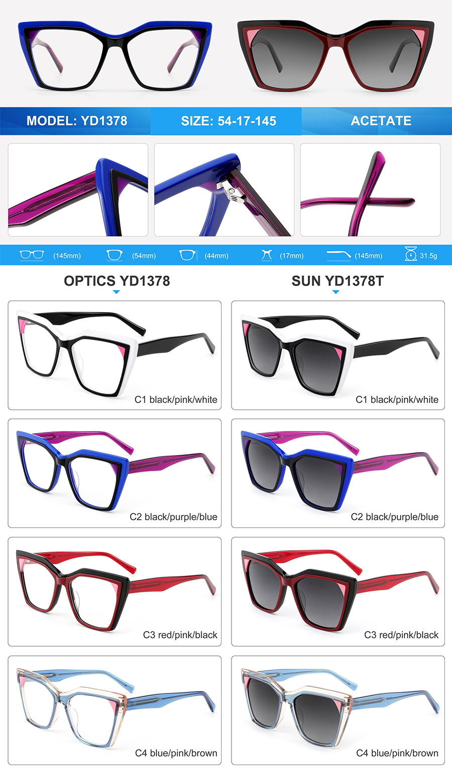 Lunettes de soleil en ac&eacute;tate en gros-YD1378T