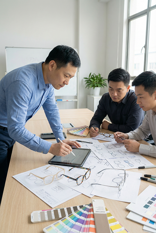 &Eacute;quipe de concepteurs de lunettes d&eacute;veloppant des montures optiques personnalis&eacute;es OEM ODM