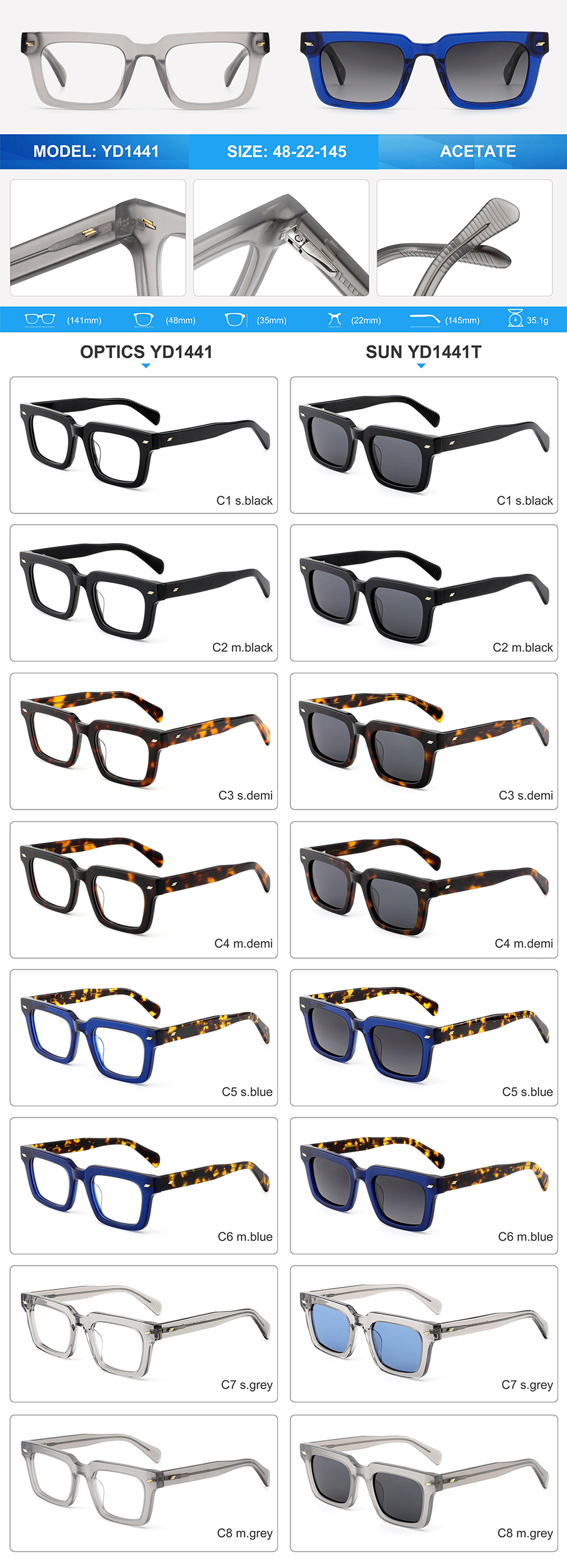 Lunettes de soleil en ac&eacute;tate en gros-YD1441T